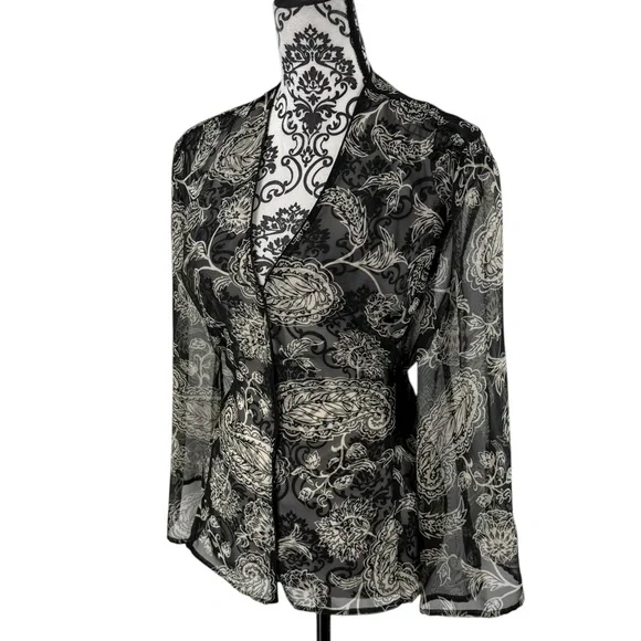 Cato Black Sheer Floral Tie Waist Chiffon Blouse Top Size L - Picture 9 of 11